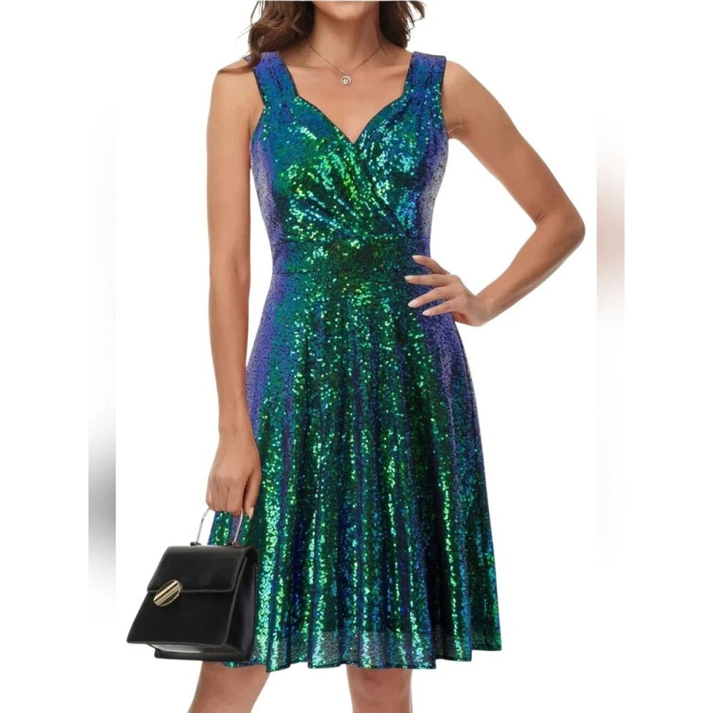 Grace Karin Mermaid Color Sequin Fit & Flare Knee Length Party Dress Sz M